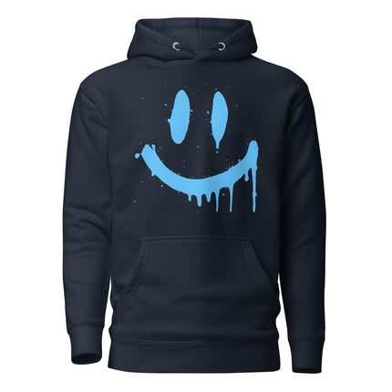 Smiley Face Hoodie – Premium Unisex Apparel for Chill Vibes features a blue smiley graphic on a navy background.