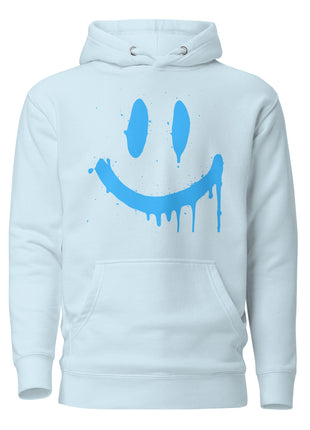 Smiley Face Hoodie in light blue with a dripping smiley graphic for chill vibes apparel.