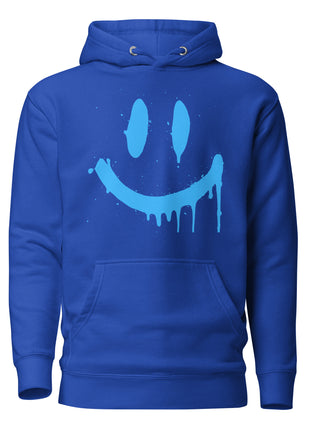 Smiley Face Hoodie in vibrant blue with a dripping smiley graphic for chill vibes and cozy comfort.