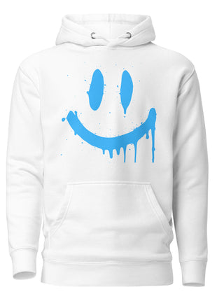 Smiley Face Hoodie featuring a blue smiley graphic on a white premium unisex hoodie for chill vibes.