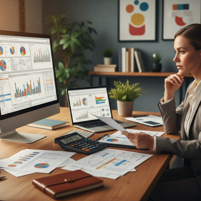Woman analyzing financial data at a desk with computer, laptop, and various documents.