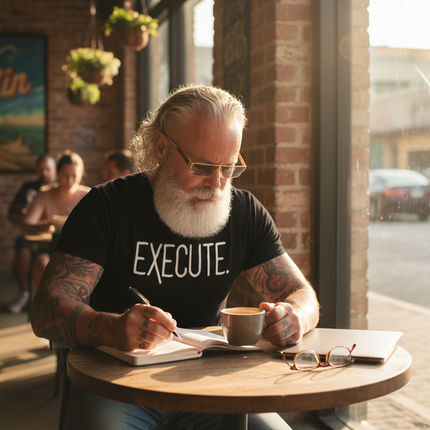 Early morning Austin café scene with Execute T-shirt