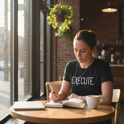 Early morning Denver café scene with female entrepreneur wearing Execute T-shirt