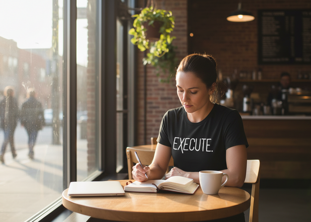 Early morning Denver café scene with female entrepreneur wearing Execute T-shirt