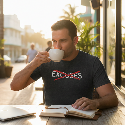Early morning Miami café scene with No Excuses T-shirt