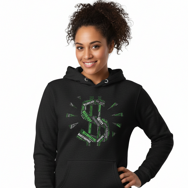 Female entrepreneur in dynamic pose wearing Entrepreneur Word Cloud Hoodie on white background