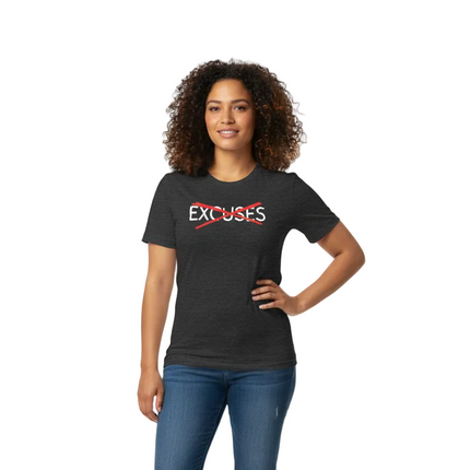 Female entrepreneur in dynamic pose wearing No Excuses T-shirt on white background
