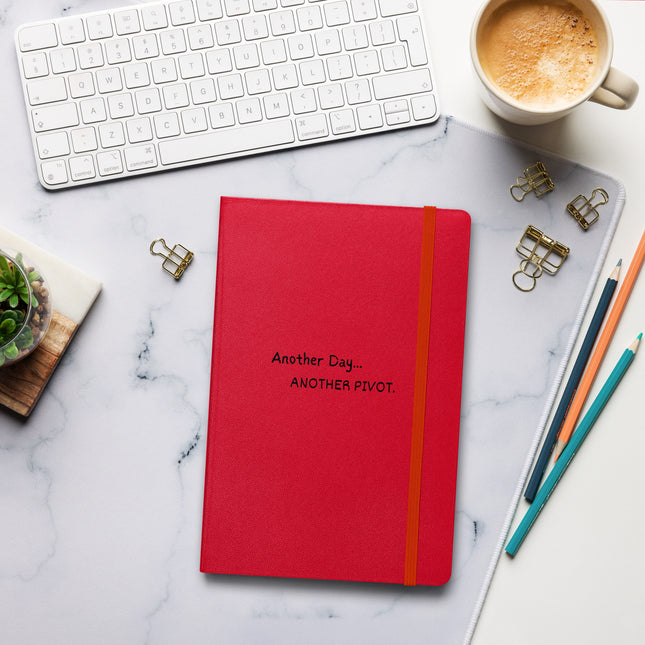 Another Day, Another Pivot Notebook – Agile Journal for Creative Entrepreneurs on a desk with coffee.