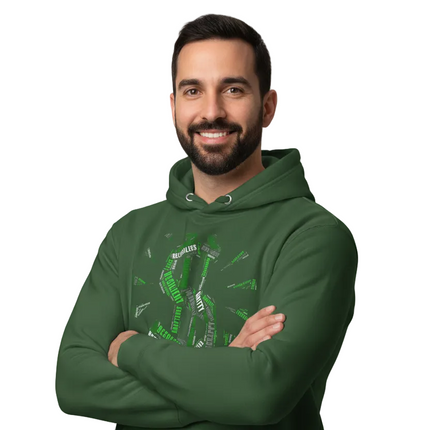 Male entrepreneur in dynamic pose wearing Entrepreneur Word Cloud Hoodie on white background