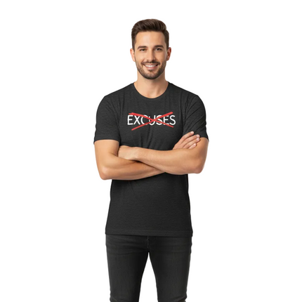Male entrepreneur in dynamic pose wearing No Excuses T-shirt on white background