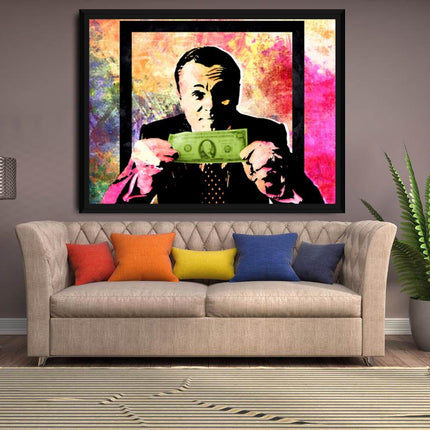 Money Talks DiCaprio Wolf of Wall Street Pastel Abstract Framed Canvas Wall Art With Black Frame