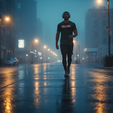 Pre-dawn city sidewalk scene with No Excuses T-shirt