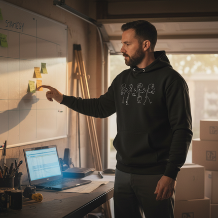 The Entrepreneurial Grind Hoodie in garage workspace