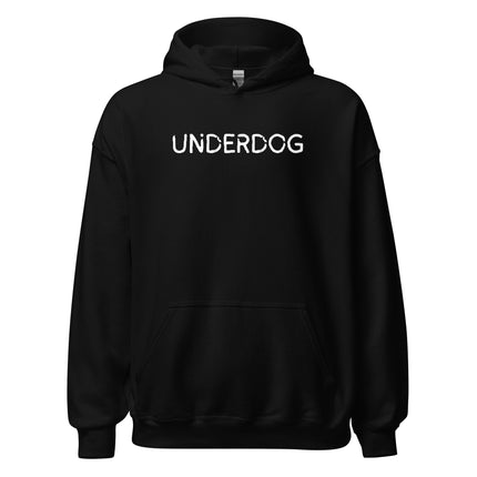Black Underdog Entrepreneur Hoodie with white lettering, designed for comfort and motivation.