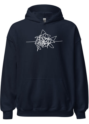 Disgruntled entrepreneur hoodie in navy with abstract white design, perfect for casual comfort and style.