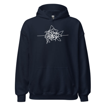 Disgruntled entrepreneur hoodie in navy with abstract white design, perfect for casual comfort and style.