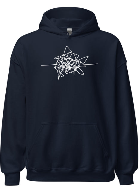 Disgruntled entrepreneur hoodie in navy with abstract white design, perfect for casual comfort and style.