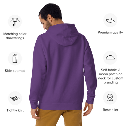 A man shown from the back wearing a purple hoodie, with feature callouts around him reading Matching color drawstrings, Premium quality, Side-seamed, Self-fabric 1/2 moon patch on neck for custom branding, Tightly knit, and Bestseller.
