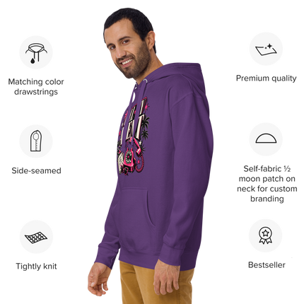 A man wearing a purple hoodie with a colorful graphic print on the front, shown against a white background with feature callout icons around him. The text highlights product features such as matching color drawstrings, side-seaming, tight knit fabric, premium quality, self-fabric moon patch customization, and bestseller status.