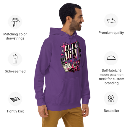 A man wearing a purple hoodie with a colorful 'CLEN AGENCY' graphic on the chest, shown against a light gray background with feature callout icons around him. The hoodie has a drawstring hood, kangaroo pocket, and a large multicolor front graphic.