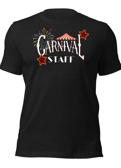 Black Carnival Staff T-Shirt featuring colorful graphics, perfect for event crew and entrepreneur apparel.