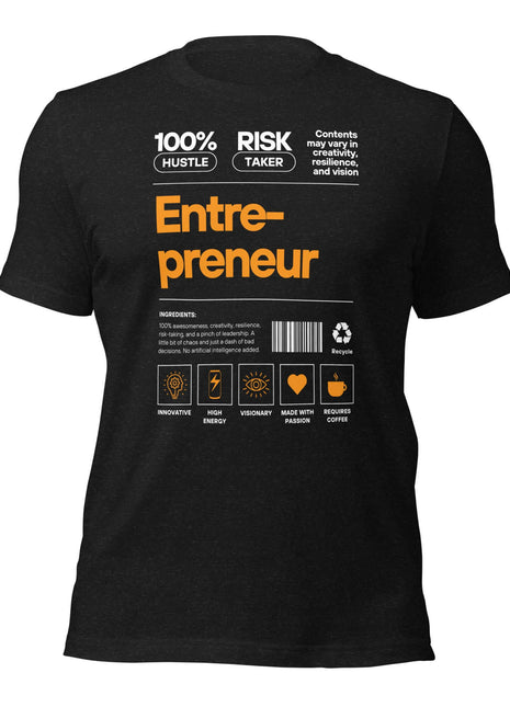 A sleek black t-shirt laid flat, featuring a bold white “Entrepreneur” label across the front, styled like a name tag—clean, minimalist, and confidence-driven.