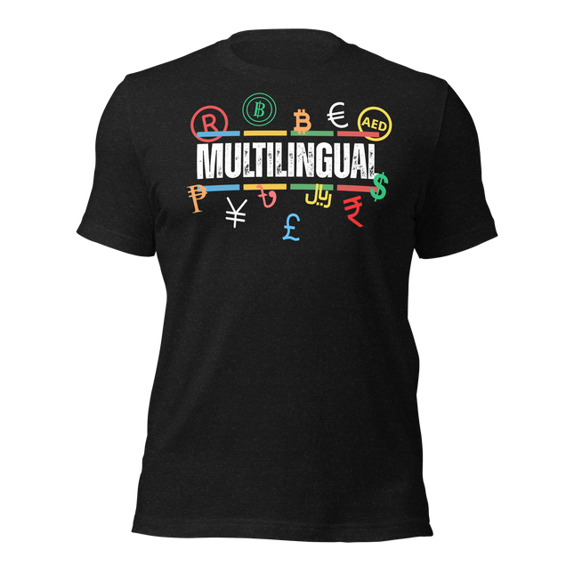 Multilingual Money T-Shirt – Speak Success in Every Language with colorful currency symbols on a black tee.