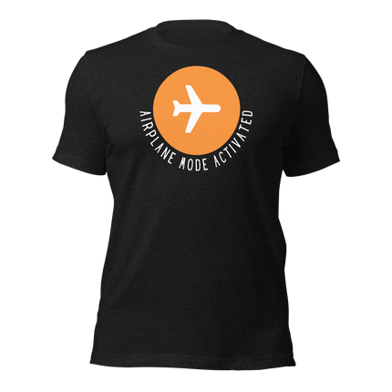 Airplane Mode Activated T-Shirt – In Vacay Mode featuring a bold airplane graphic on a black tee.