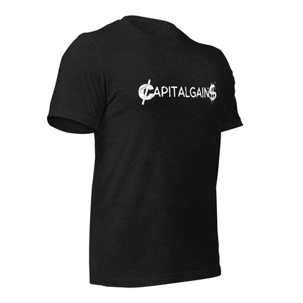 Capital Gains T-Shirt for entrepreneurs, black cotton tee with bold text design, stylish entrepreneur apparel.