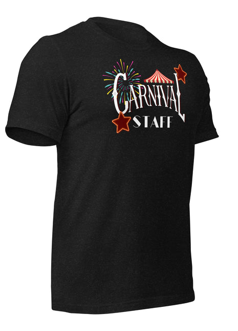 Black Carnival Staff Event Crew T-Shirt showcasing festive decorations, ideal for entrepreneur apparel and carnival enthusiasts.