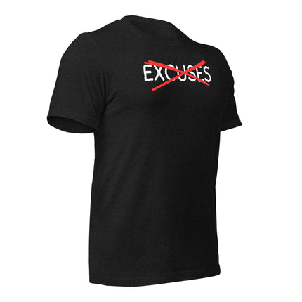 No Excuses T-Shirt – Built for Hustlers, Made for Winners, showing a black motivational tee with crossed-out 'EXCUSES'.