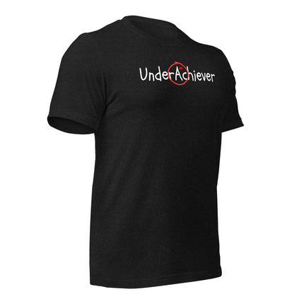 UnderAchiever T-Shirt – Success, But Make It Ironic in black cotton fabric, showcasing a unique design.