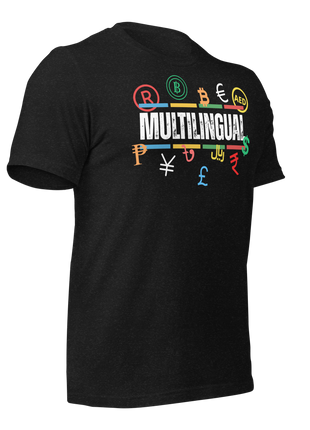 Multilingual Money T-Shirt featuring vibrant currency symbols, symbolizing global entrepreneurship and success.