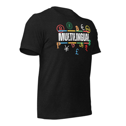 Multilingual Money T-Shirt – Speak Success in Every Language featuring currency symbols on a black tee.