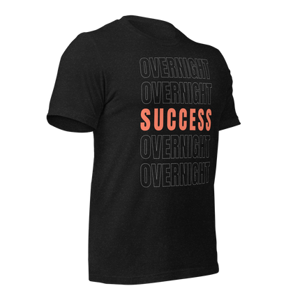Overnight Success Is a Myth T-Shirt – Built for the Hustlers, black t-shirt design with repeated text.