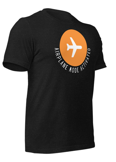 Airplane Mode Activated T-Shirt for entrepreneurs, featuring a bold airplane logo on a black fabric.