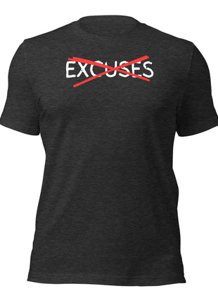 No Excuses T-Shirt for entrepreneurs, featuring a crossed-out 'EXCUSES' text on a dark background.