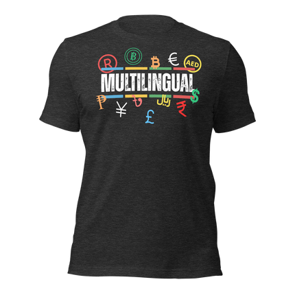 Multilingual Money T-Shirt – Speak Success in Every Language featuring various currency symbols on a black tee.