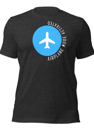 Airplane Mode Activated T-Shirt in charcoal with airplane graphic, ideal entrepreneur apparel for focused productivity.