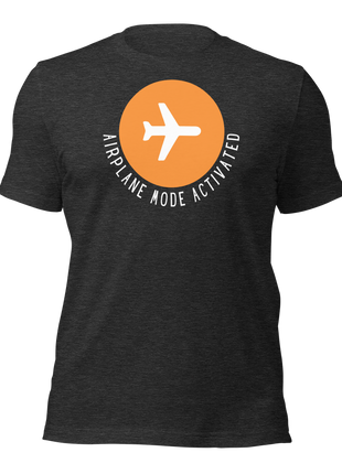 Airplane Mode Activated T-Shirt for entrepreneurs, featuring bold airplane graphic in orange and white.