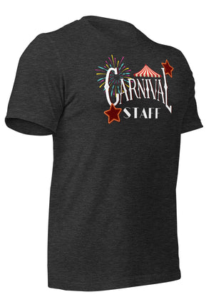 Back view of Carnival Staff Event Crew T-Shirt highlighting colorful design, perfect for entrepreneur apparel at events.