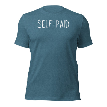 Self-Paid T-Shirt – Built by Hustle, Funded by You featuring a blue cotton tee with 'SELF-PAID' text.