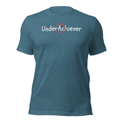 UnderAchiever T-Shirt – Success, But Make It Ironic on a blue cotton t-shirt, showcasing a playful take on success.