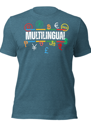 Multilingual Money T-Shirt featuring currency symbols, perfect for entrepreneurs and global thinkers.