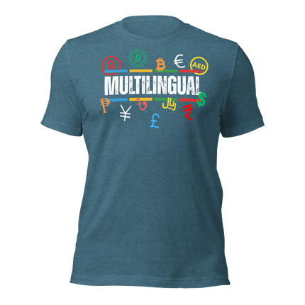 Multilingual Money T-Shirt – Speak Success in Every Language with currency symbols on a blue tee.