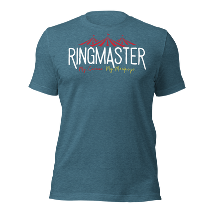 RingMaster T-Shirt – Running the Show, One Chaos at a Time, blue cotton shirt with circus theme design.