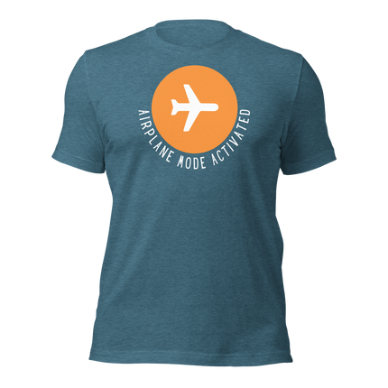 Airplane Mode Activated T-Shirt – In Vacay Mode featuring a bold airplane design on a blue background.
