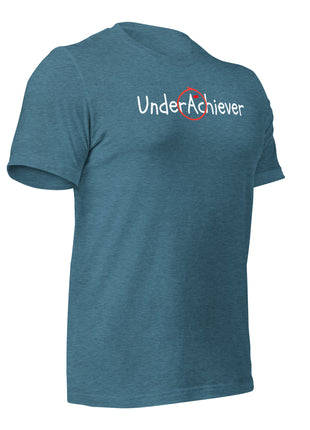 UnderAchiever T-Shirt in blue, promoting a humorous take on success and hustle culture.