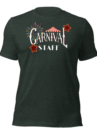 Dark green Carnival Staff T-shirt featuring colorful graphics and stars for event crew apparel.