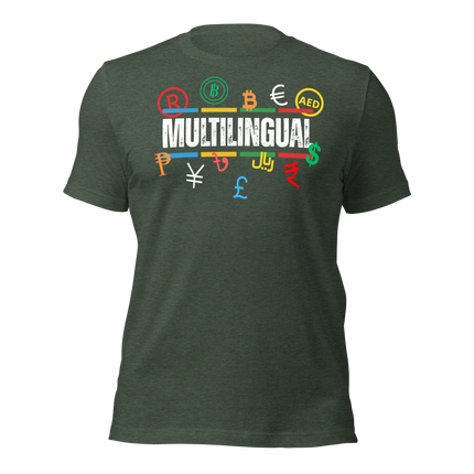 Multilingual Money T-Shirt – Speak Success in Every Language featuring currency symbols and vibrant design.